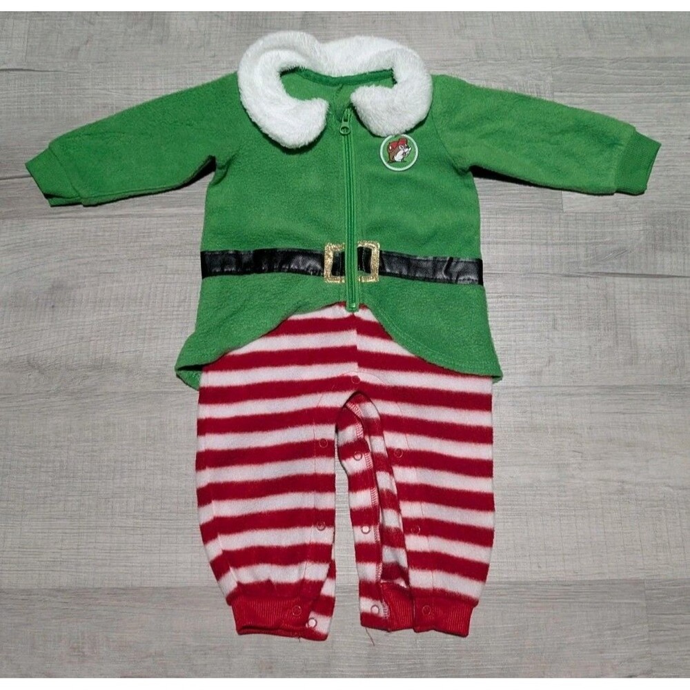 Buc-ee’s Baby Boy Elf Romper Body Suit Fleece Green Red Striped 6-9M Christmas